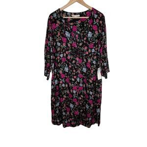 Woman Within Shirt Dress Womens 20W Black Floral Pockets 3/4 Sleeve Rayon
